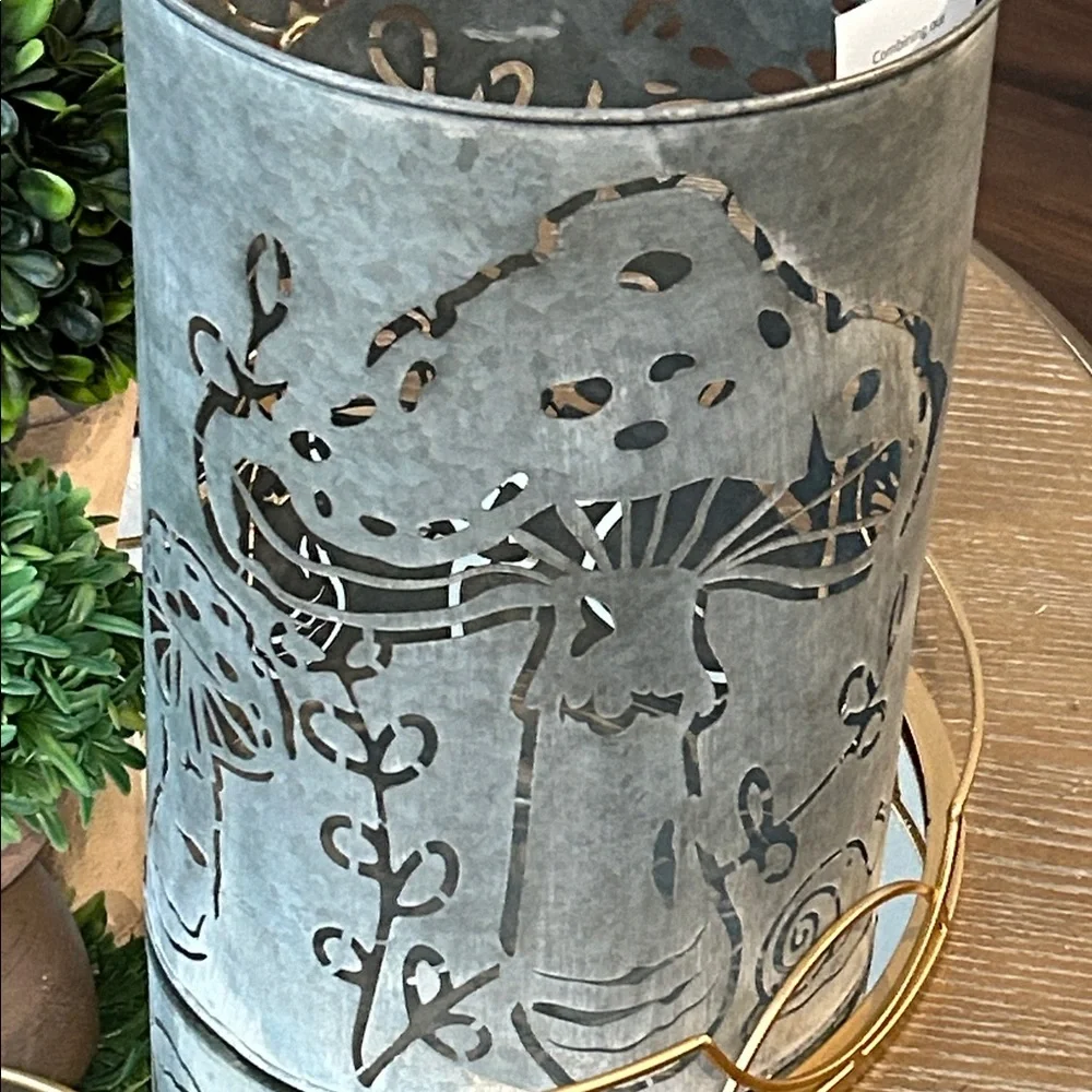 NEW! LARGE Enchanted Garden Mushroom & Butterfly Rustic Galvanized Metal Lantern